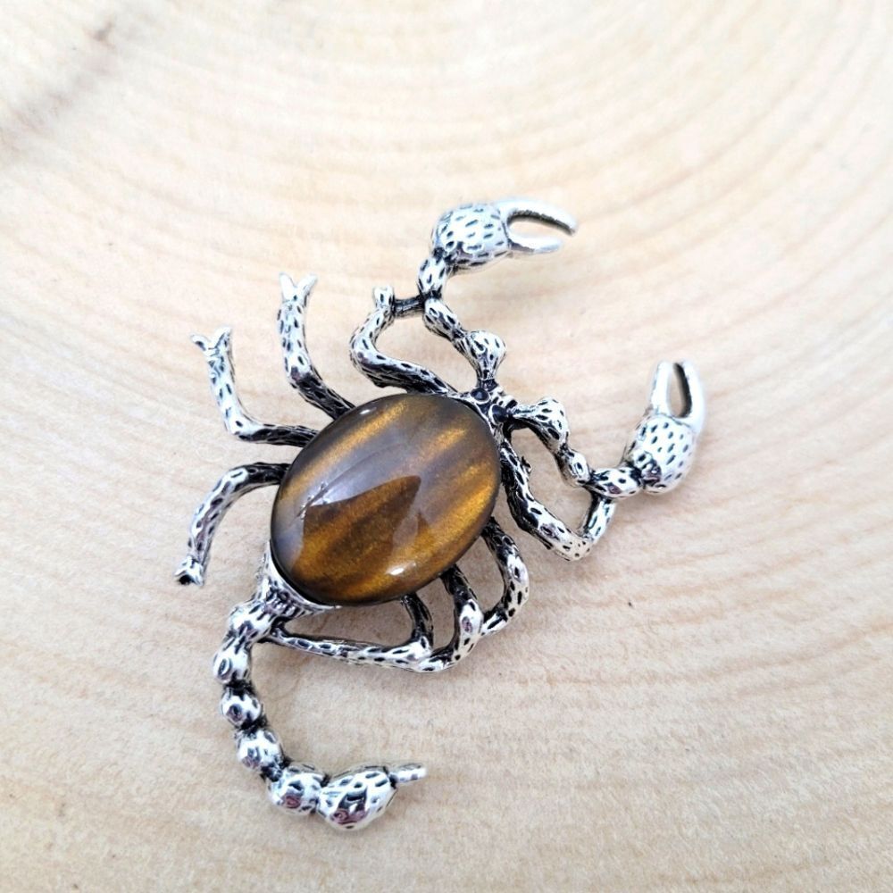 Brand New Silver Scorpion Brown Stone Brooch Pin